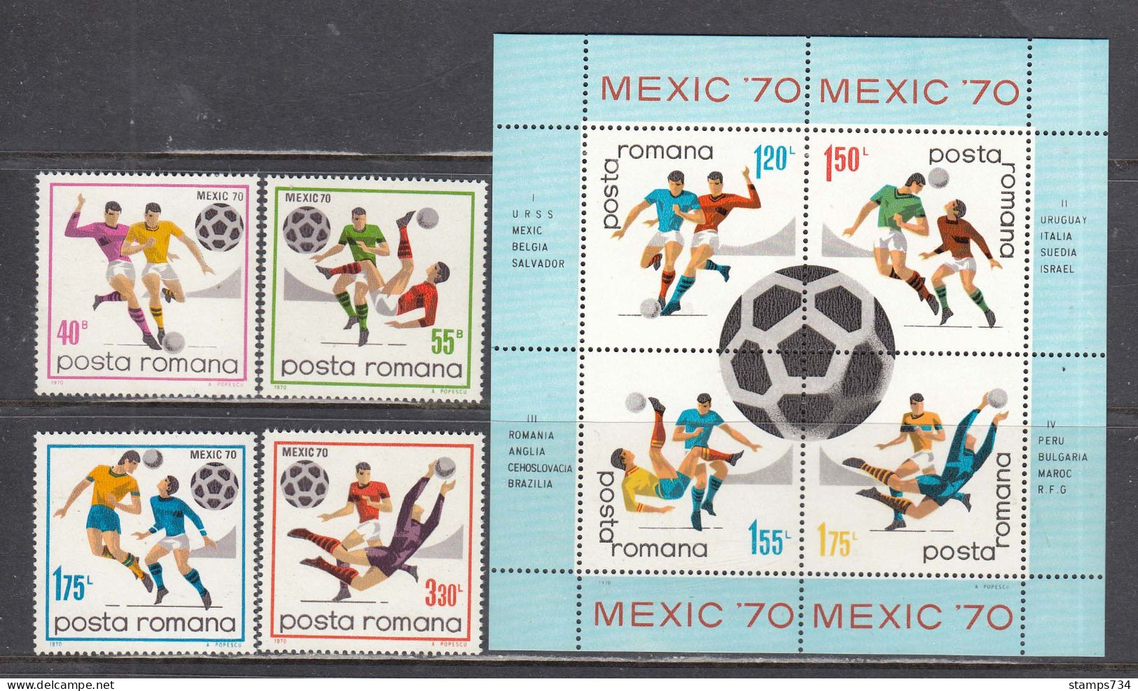 Romania 1970 - Football World Cup, Mexico, Mi-Nr. 2842/45+Bl. 75, MNH** - Ongebruikt