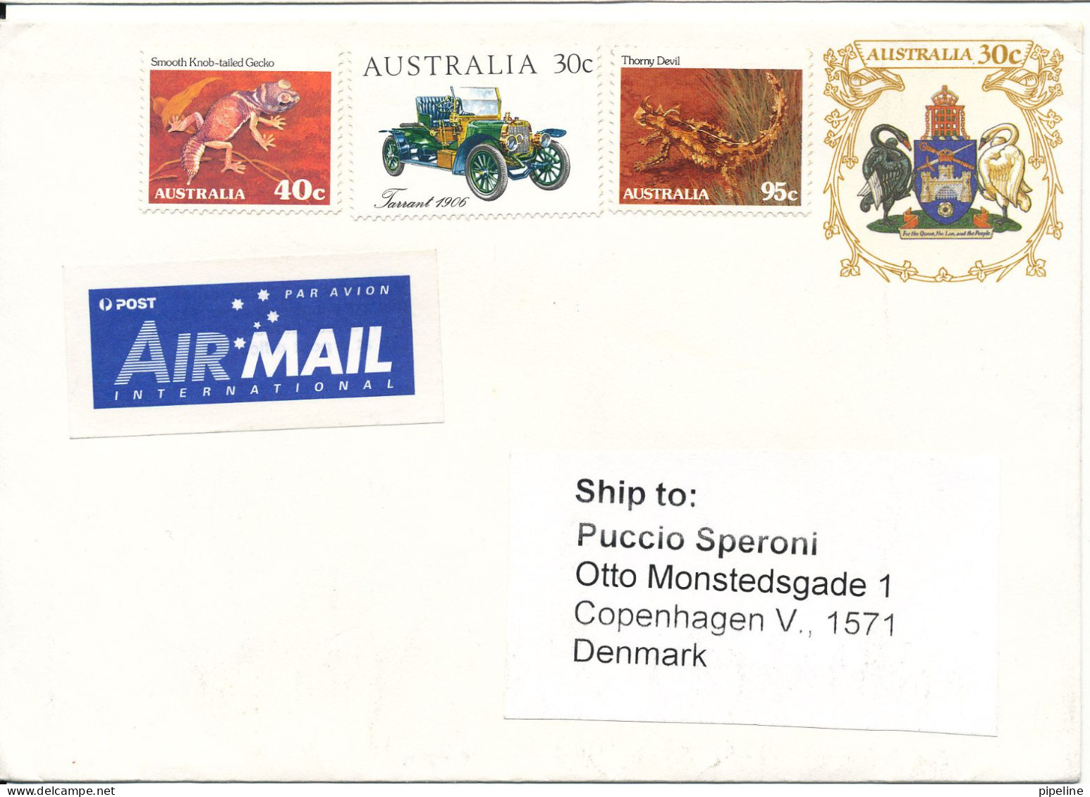 Australia Postal Stationery Cover Sent To Denmark Uprated But No Postmarks On Stamps Or Cover - Interi Postali