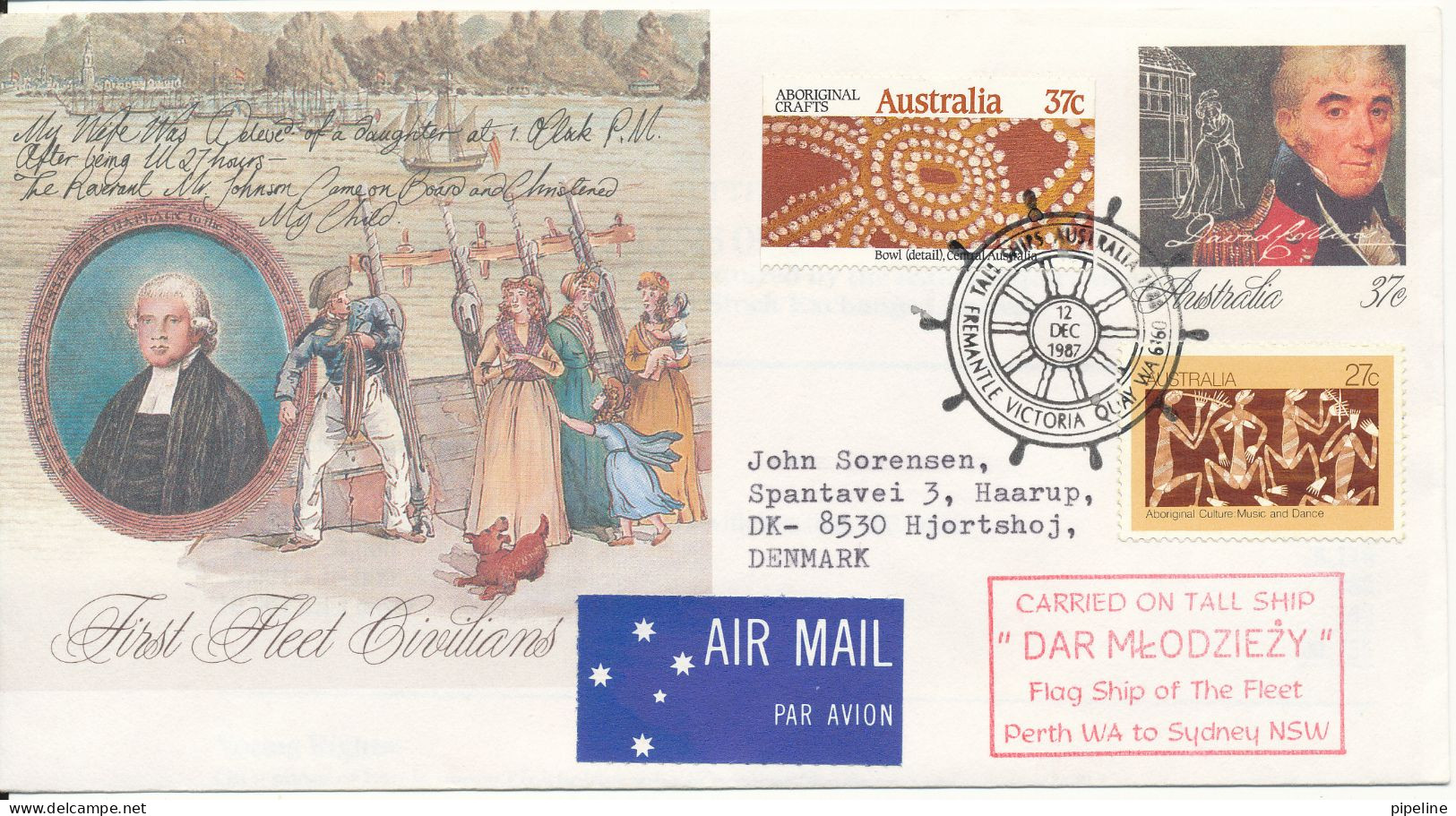 Australia Uprated Postal Stationery Cover First Fleet Civilians Sent To Denmark Fremantle 12-12-87 Tall Ship DAR MLODZY - Interi Postali