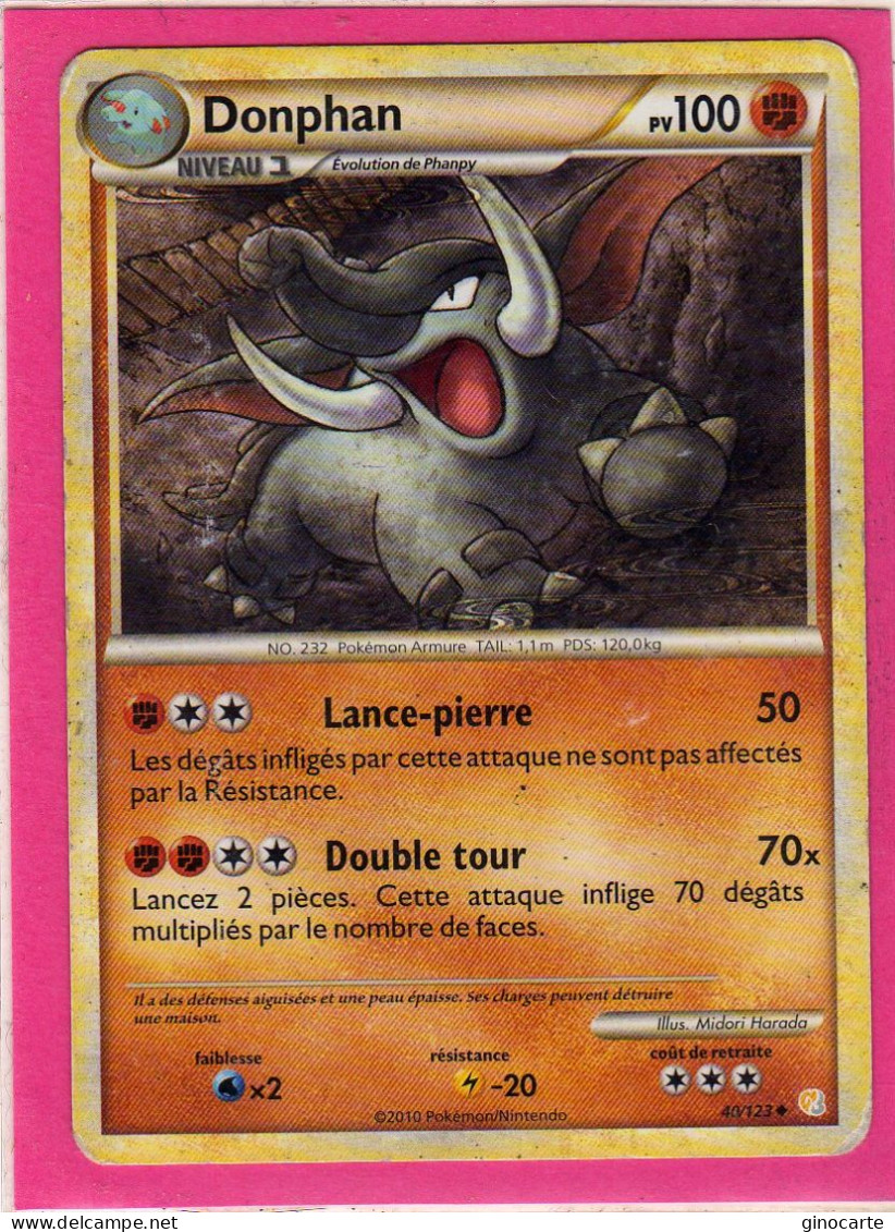 Carte Pokemon Francaise 2010 Heart Gold Soulsilver 40/123 Donphan 100pv Occasion - HeartGold SoulSilver