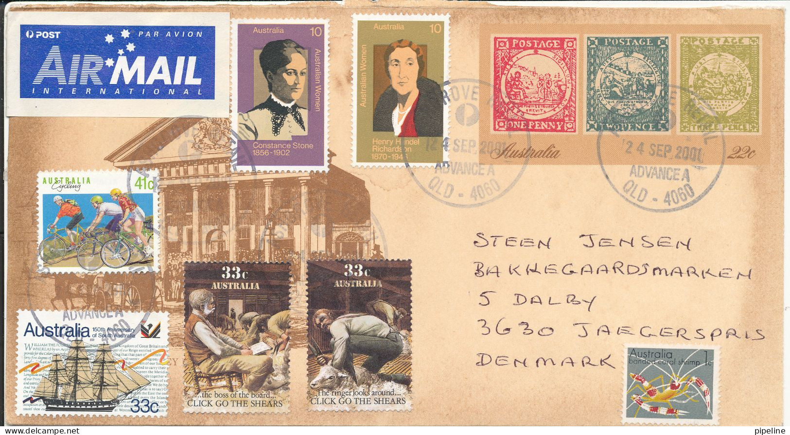 Australia Postal Stationery Cover Uprated And Sent To Denmark 24-9-2001 - Postal Stationery