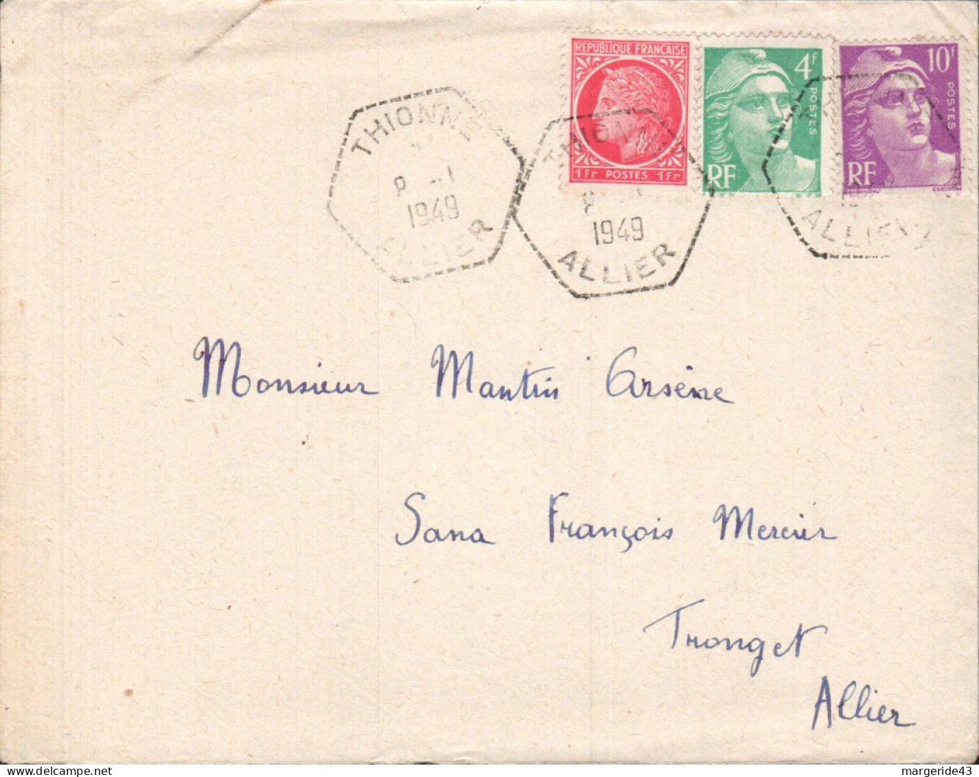 AFFRANCHISSEMENT COMPOSE SUR LETTRE DE THIONNE  ALLIER 1949 - Posttarieven