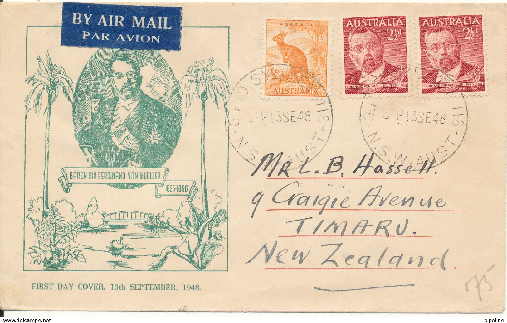 Australia FDC 13-9-1948 Sir Ferdinand Von Mueller With Cachet Uprated And Sent To New Zealand - Sobre Primer Día (FDC)