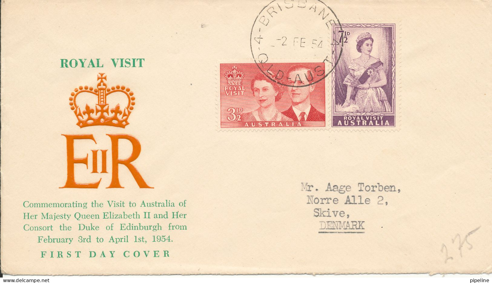 Australia FDC 2-2-1954 Royal Visit With Cachet Sent To Denmark Hinged Marks On The Backside Of The Cover Not Complete - Sobre Primer Día (FDC)