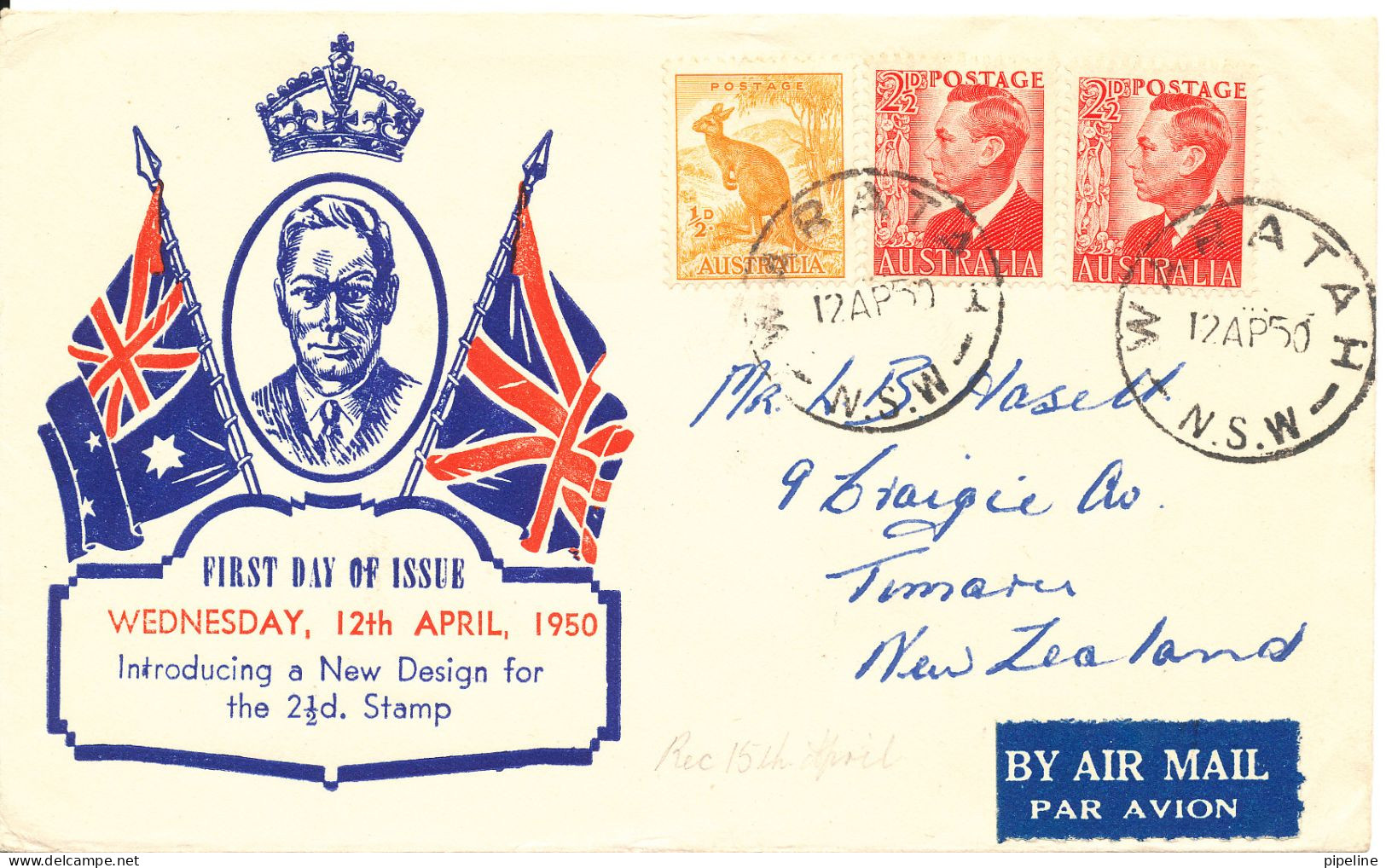 Australia FDC 12-4-1950 King George VI 2 ½d With Cachet Uprated And Sent To New Zealand - Sobre Primer Día (FDC)