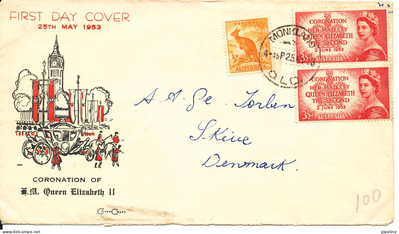 Australia FDC 25-5-1953 Coronation Stamps In Pair With Cachet Uprated And Sent To Denmark - Sobre Primer Día (FDC)