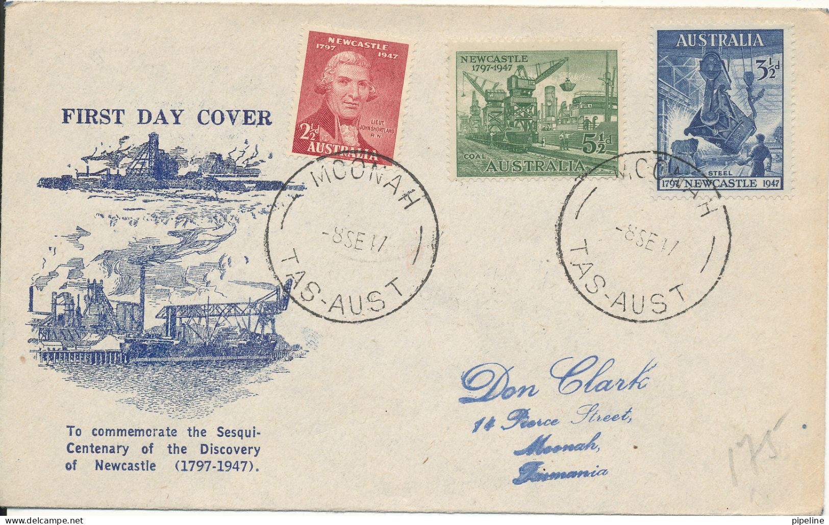 Australia FDC 8-9-1947 City Of Newcastle 150th. Anniversary Set Of 3 Sent To Denmark Hinged Marks On The Back - Sobre Primer Día (FDC)