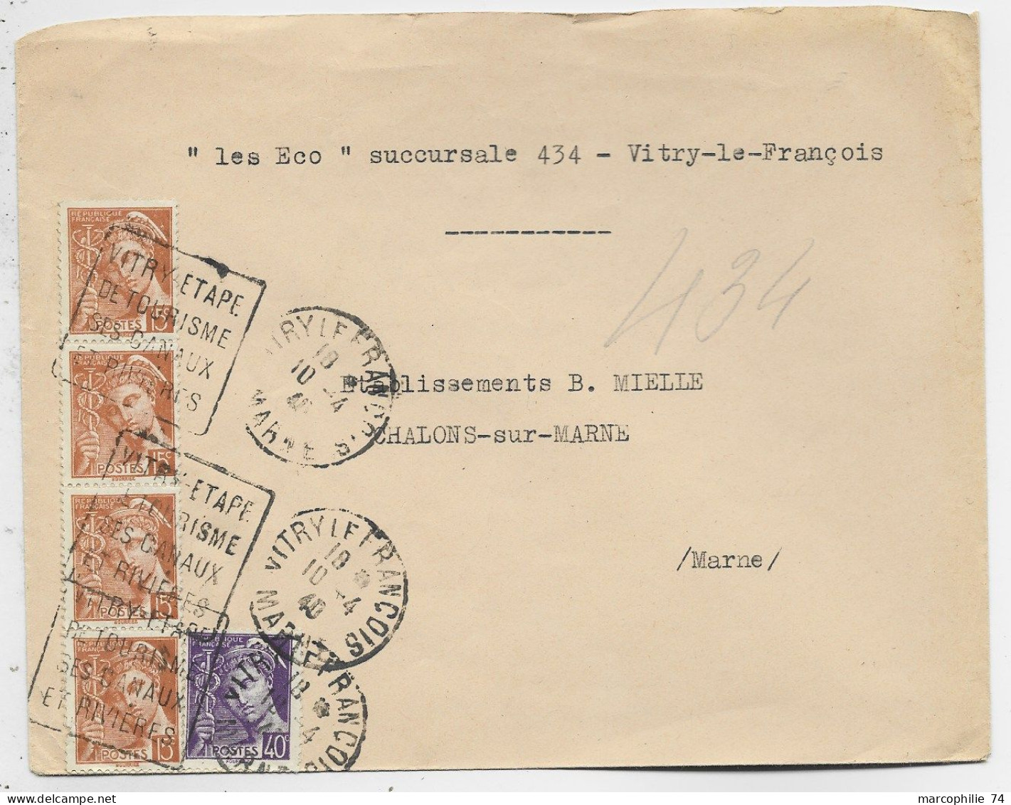 FRANCE  MERCURE 15CX4+40C LETTRE DAGUIN VITRY FRANCOIS 10.4.1940 MARNE AU TARIF - 1938-42 Mercure