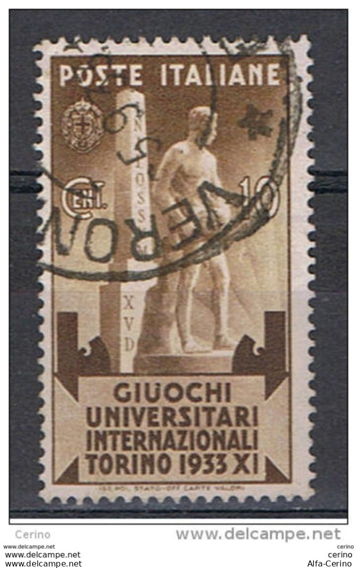 REGNO  VARIETA':  1933  UNIVERSIADI  -  10 C. BRUNO  US. -  CORONA  DX. -  C.E.I. 337 A - Oblitérés