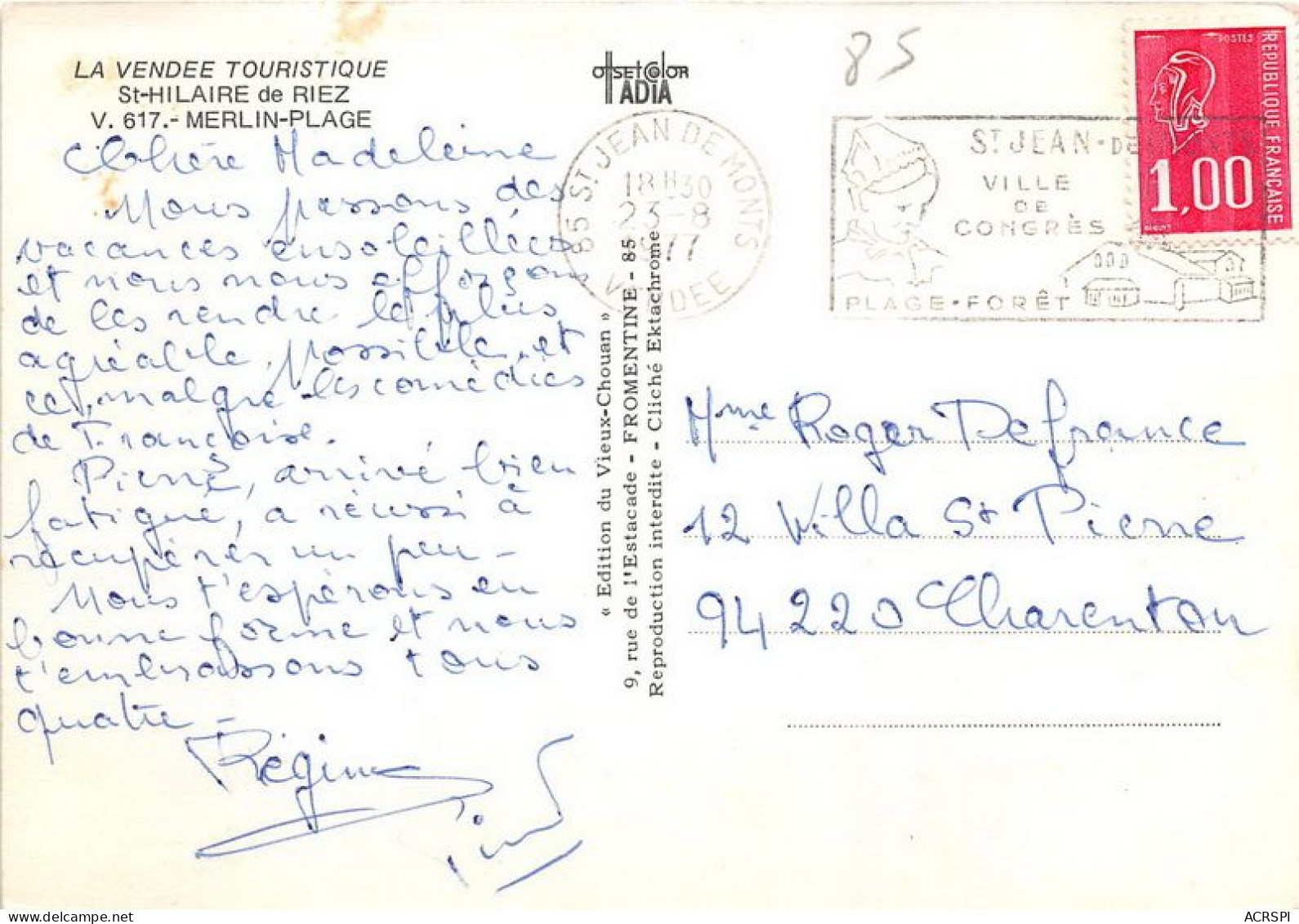 ST HILAIRE DE RIEZ MERLIN PLAGE 20(scan Recto-verso) MA1968 - Saint Hilaire De Riez