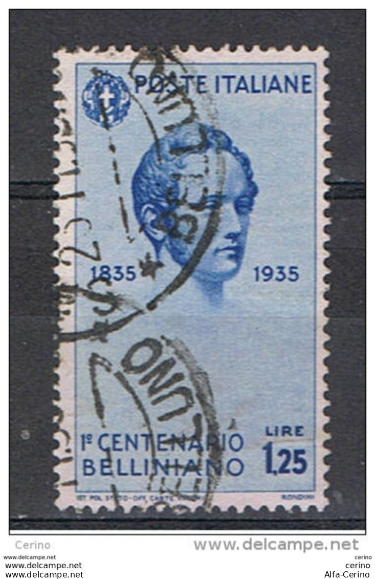 REGNO  VARIETA':  1935  BELLINI  -  £. 1,25  AZZURRO  US. -  CORONA  DX. -  C.E.I. 387 A - Oblitérés