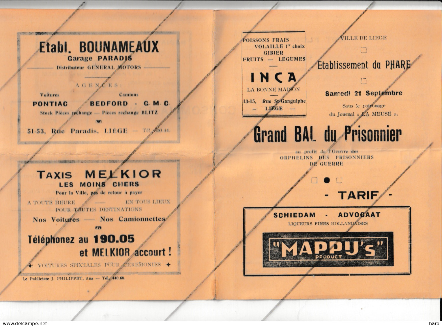 LIEGE - Tarif  - Grand Bal Du Prisonnier - Ets Du Phare - Septembre 19...?- Au Profit Des Orphelins - Guerre 40/45 (M7) - Programs