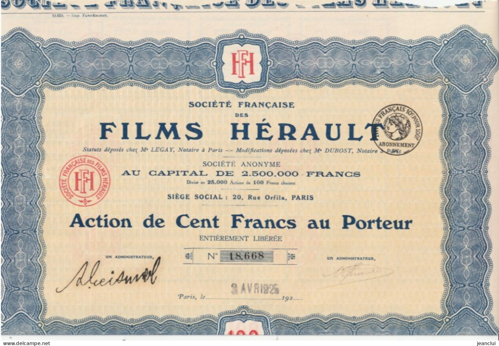 SOCIETE FRANCAISE DES FILMS HERAULT  .  ACTION De 100 FRANCS AU PORTEUR   .   N°  18.668 - Cinéma & Théatre