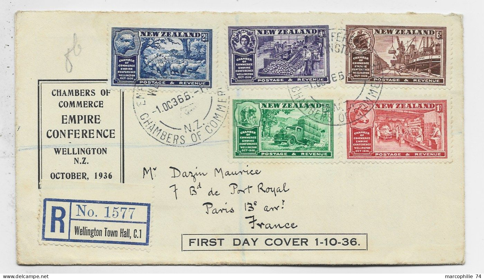 NEW ZEALAND LETTRE COVER REC FDC CHAMBERS OF COMMERCE WELLINGTON TOWN HALL 1.OC 1936 TO FRANCE - Covers & Documents