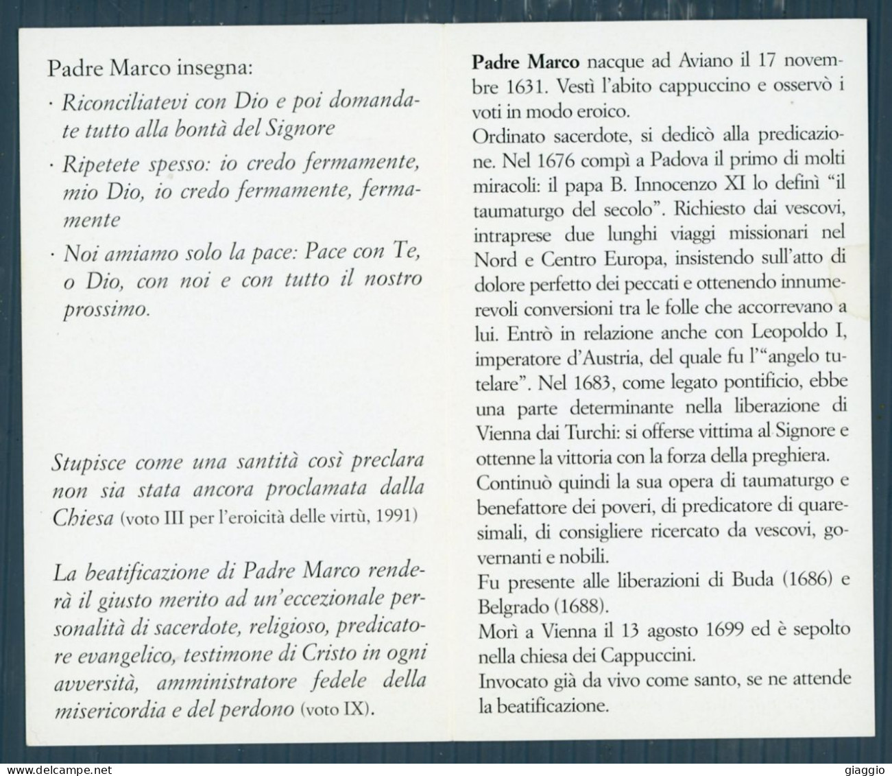 °°° Santino N. 8646 - Padre Marco D'aviano °°° - Religion & Esotericism