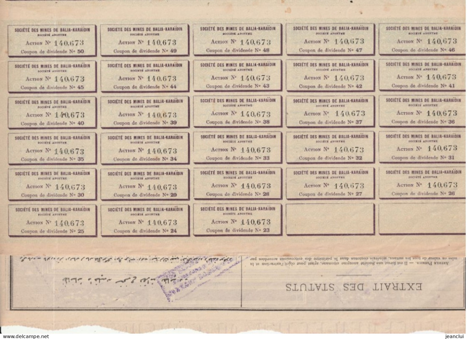 SOCIETE ANONYME OTTOMANE DES MINES De BALIA-KARAÏDIN  . ACTION AU PORTEUR DE 100 FRANCS  .  N°  140.673 EN FRANCAIS & AR - Mines