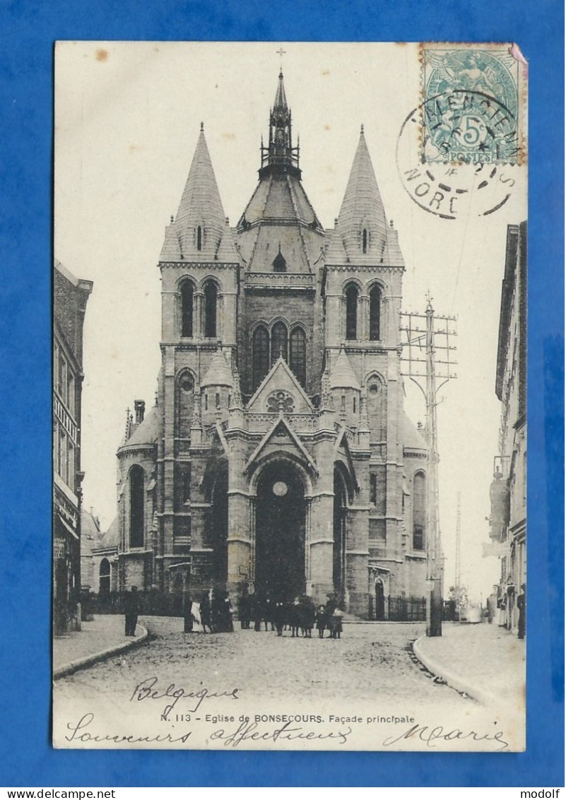 CPA - Belgique - (Péruwelz) - Eglise De Bonsecours, Façade Principale - Petite Animation - Circulée - Péruwelz