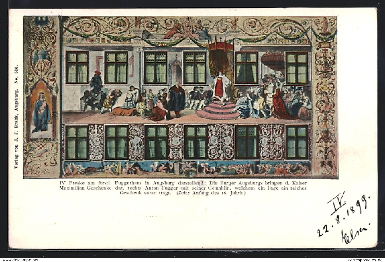 AK Augsburg, IV. Freske Am Fürstl. Fuggerhaus, Die Bürger Augsburgs Bringen D. Kaiser Maximilian Geschenke Dar  - Augsburg