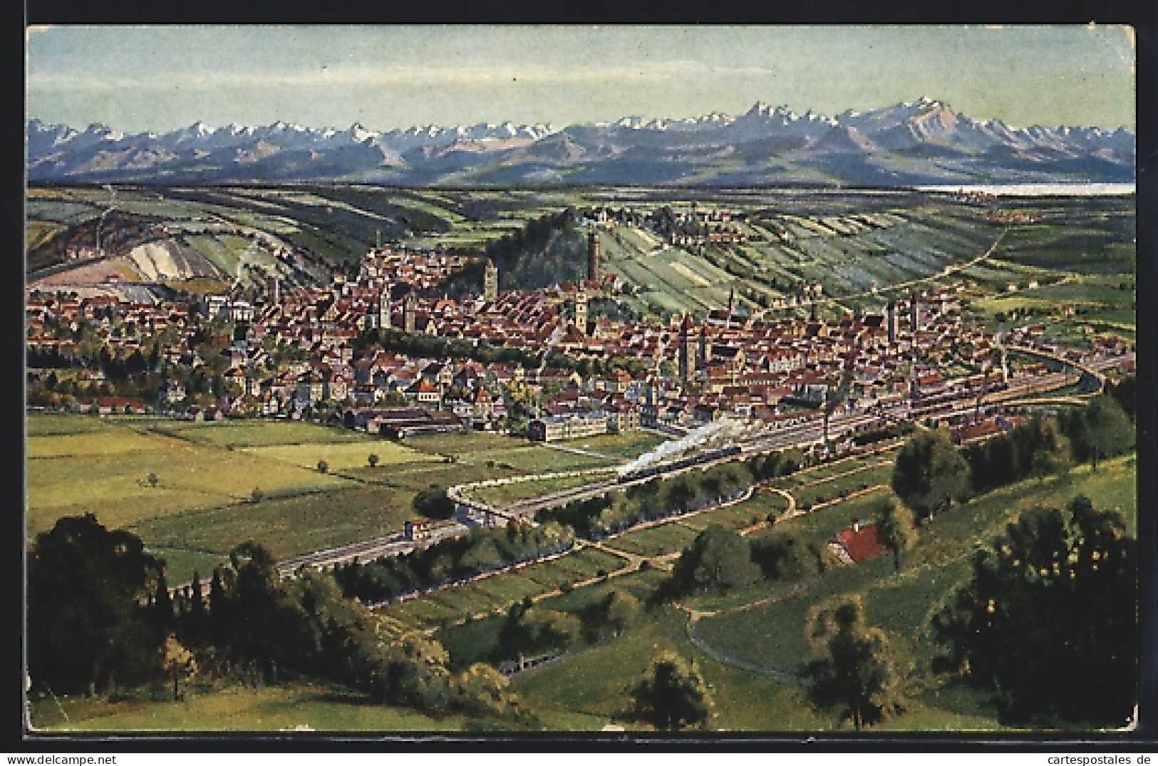 Künstler-AK Ravensburg / Württ., Generalansicht Der Stadt Mit Alpenpanorama  - Ravensburg