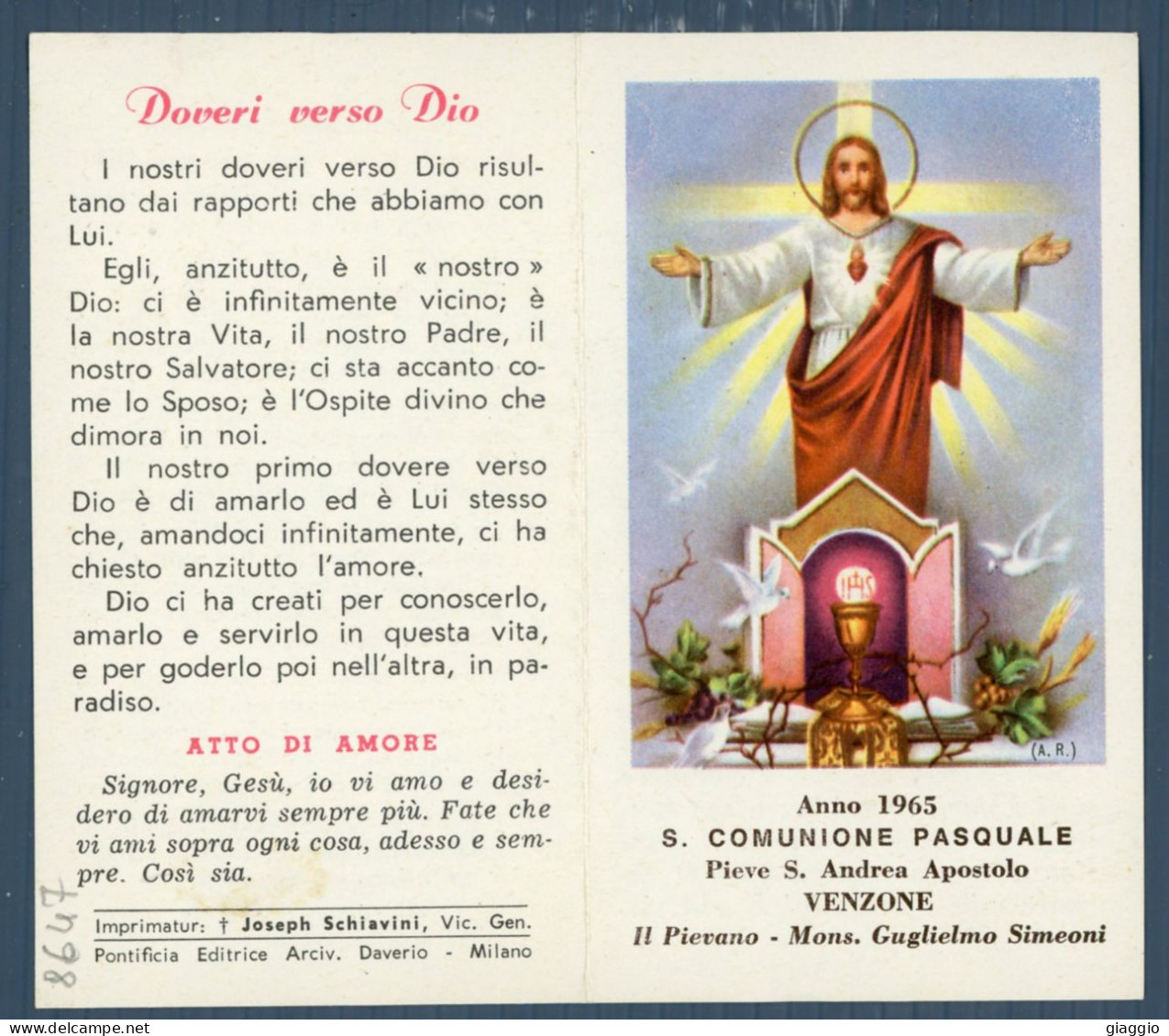 °°° Santino N. 8647 - S. Comunione Pasquale - Venzone 1965 °°° - Godsdienst & Esoterisme