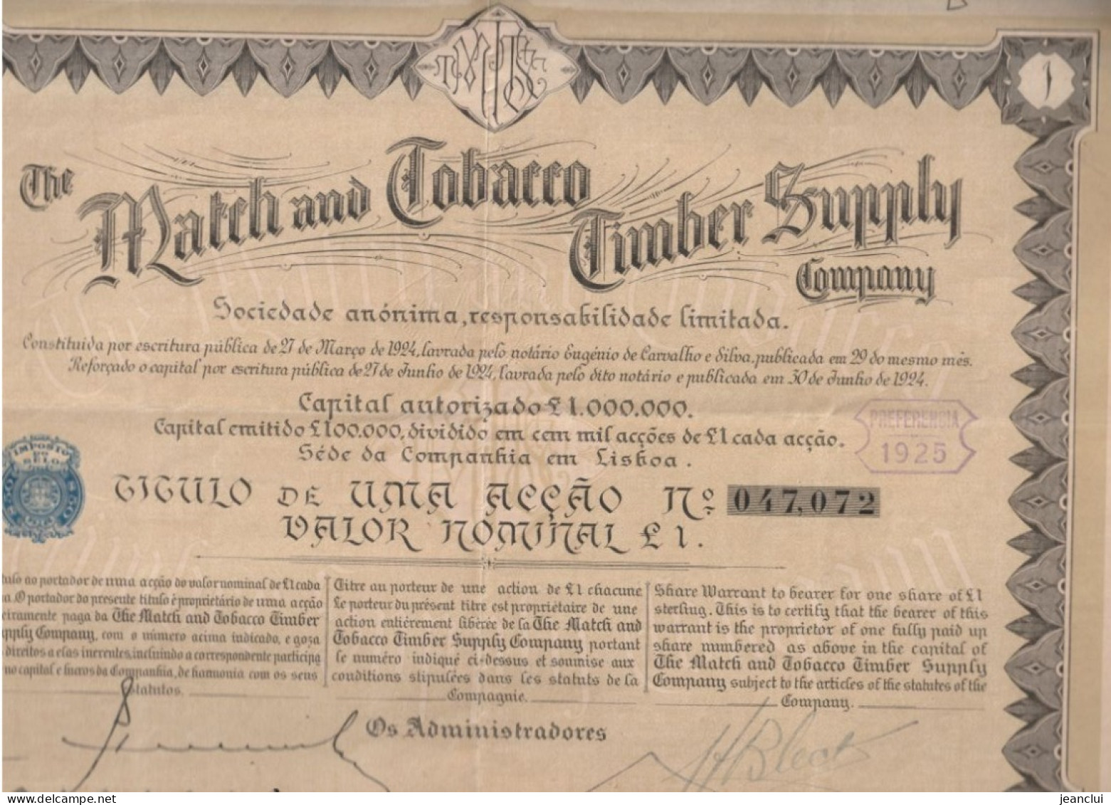 ACTION DE 1 £  .  THE MATCH And TABACCO TIMBER SUPPLY COMPAGNY  .  LISBOA PORTUGAL  .  RESTE 45 COUPONS  N°  047.072 - Autres & Non Classés
