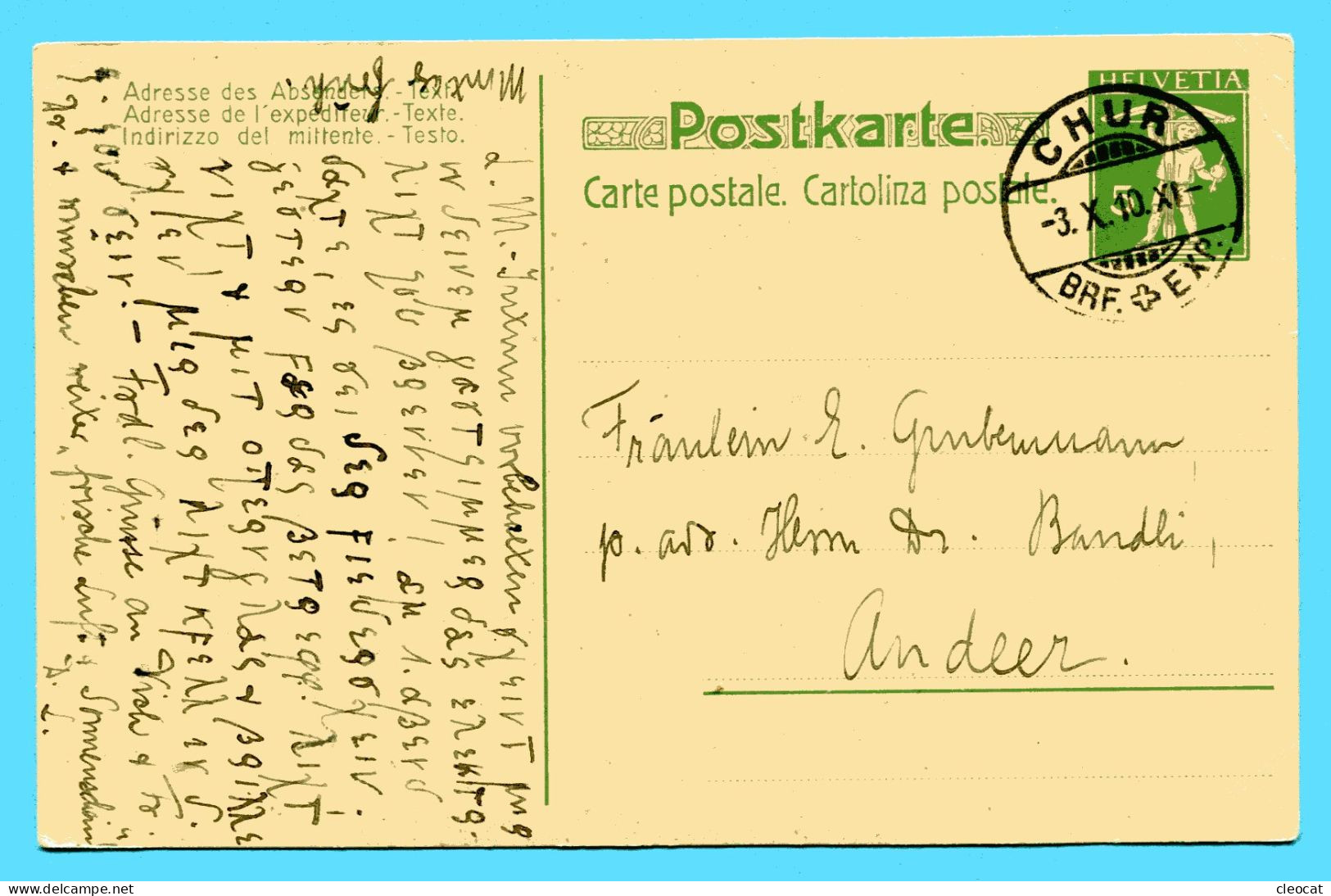 Postkarte Von Chur Nach Andeer 1910 Mit Zeichnung Auf Rückseite - Ganzsachen