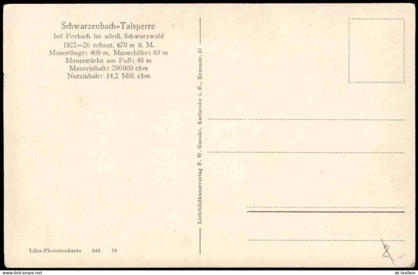 Forbach (Baden) Schwarzenbach-Talsperre Bei Forbach Im Nördl. Schwarzwald 1930 - Forbach