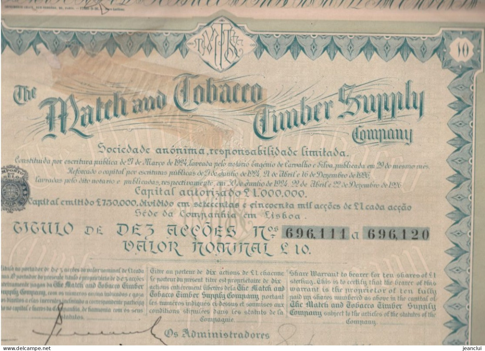 ACTION DE 10 £ . THE MATCH And TABACCO TIMBER SUPPLY COMPAGNY . LISBOA PORTUGAL . RESTE 45 COUPONS  N° 696.111 A 696.120 - Autres & Non Classés