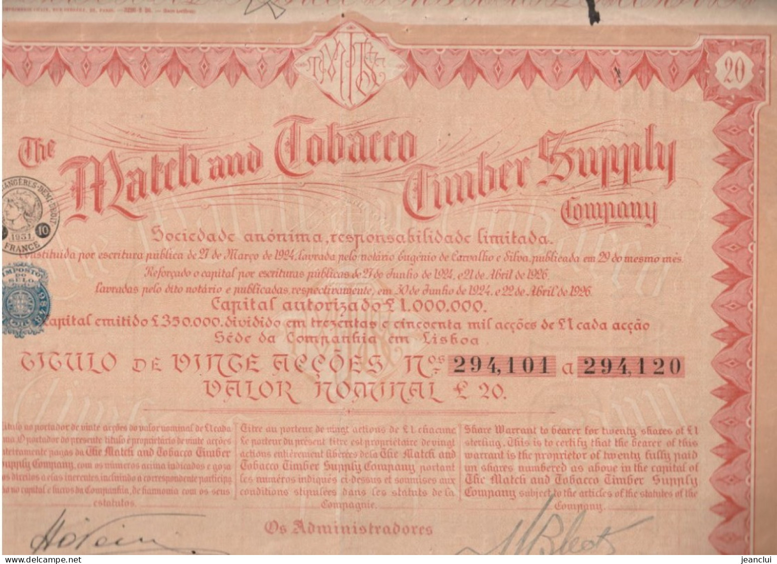 ACTION DE 20 £ . THE MATCH And TABACCO TIMBER SUPPLY COMPAGNY . LISBOA PORTUGAL . RESTE 45 COUPONS  N° 294.101 A 294.120 - Autres & Non Classés