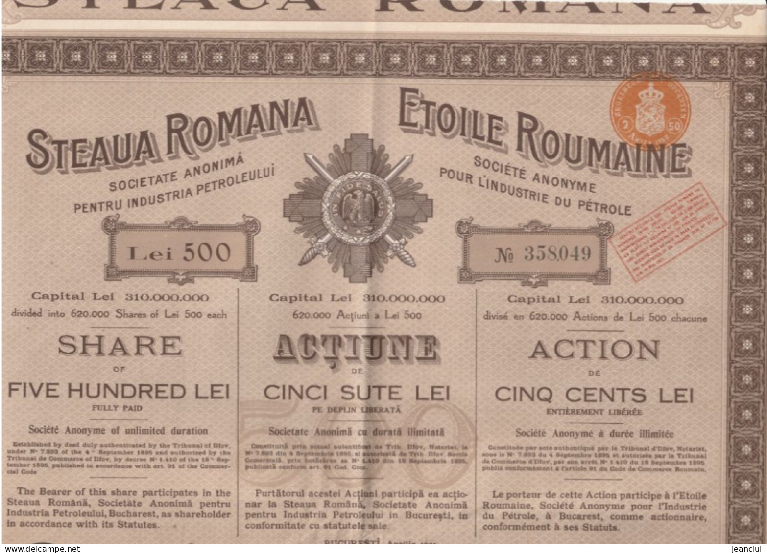 ETOILE ROUMAINE S.A. Pour L'industrie Du PETROLE  .  500 LEI  .  RESTE 2 COUPONS  .  N°  358.049 - Petrolio