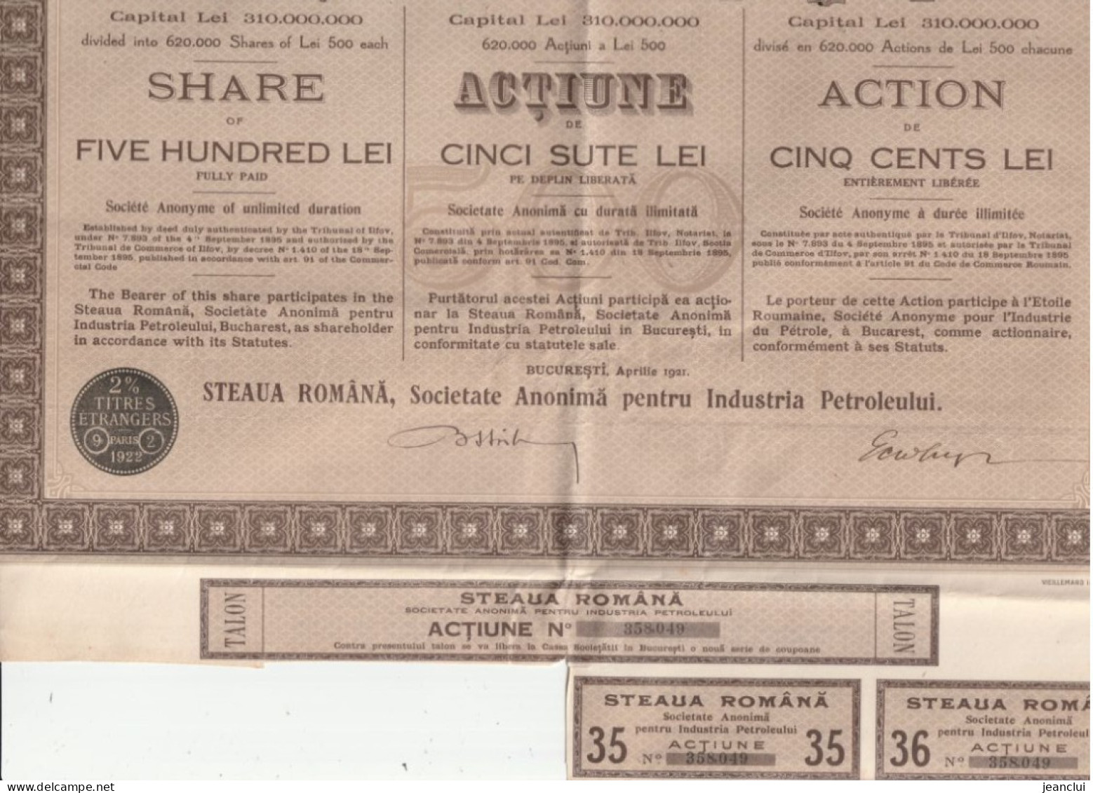 ETOILE ROUMAINE S.A. Pour L'industrie Du PETROLE  .  500 LEI  .  RESTE 2 COUPONS  .  N°  358.049 - Erdöl