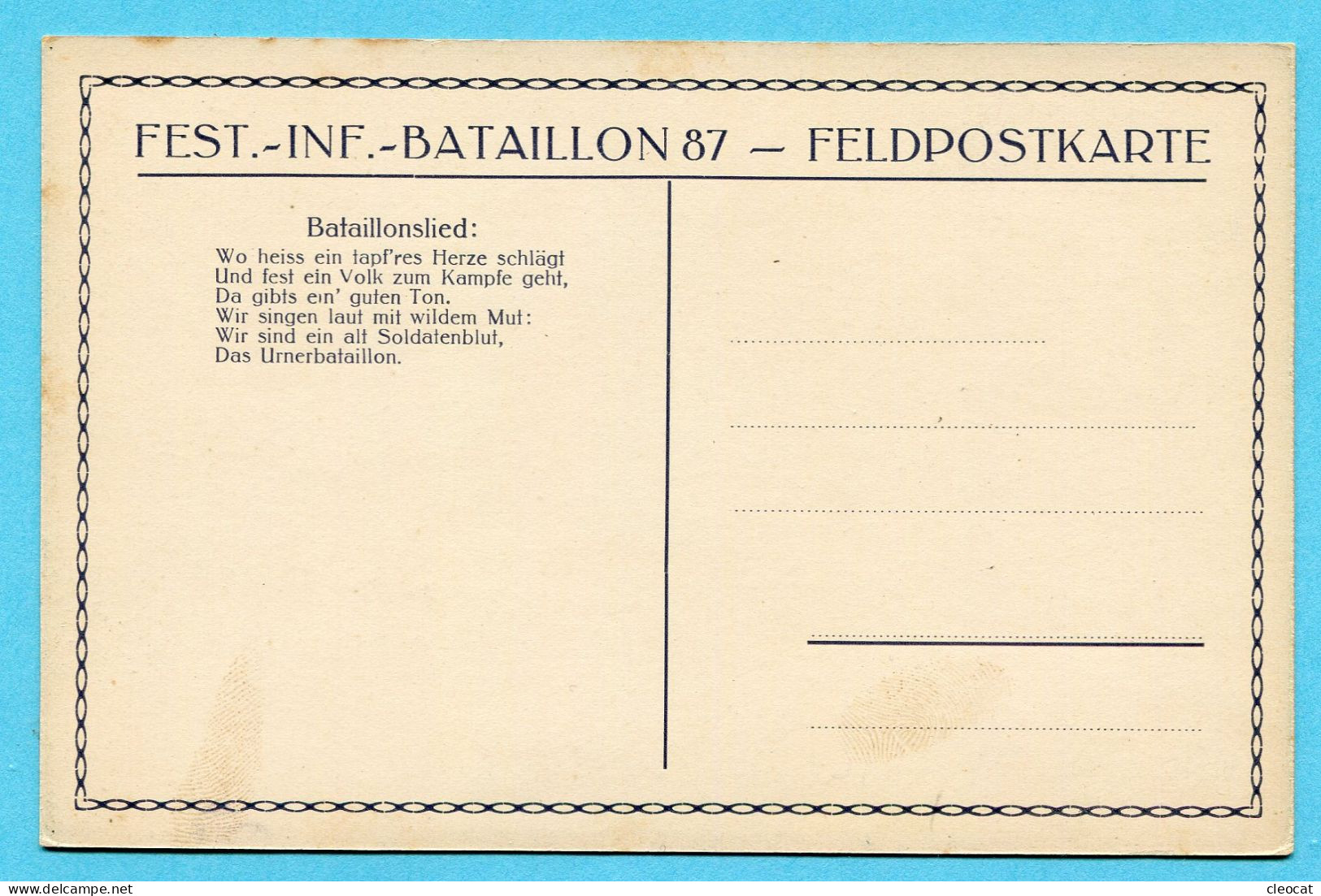 Karte Infanterie Nr. 160 - Fest.-Inf.-Bataillon 87 - Katalogpreis Fr. 80.- Mit Bataillonslied - Documents