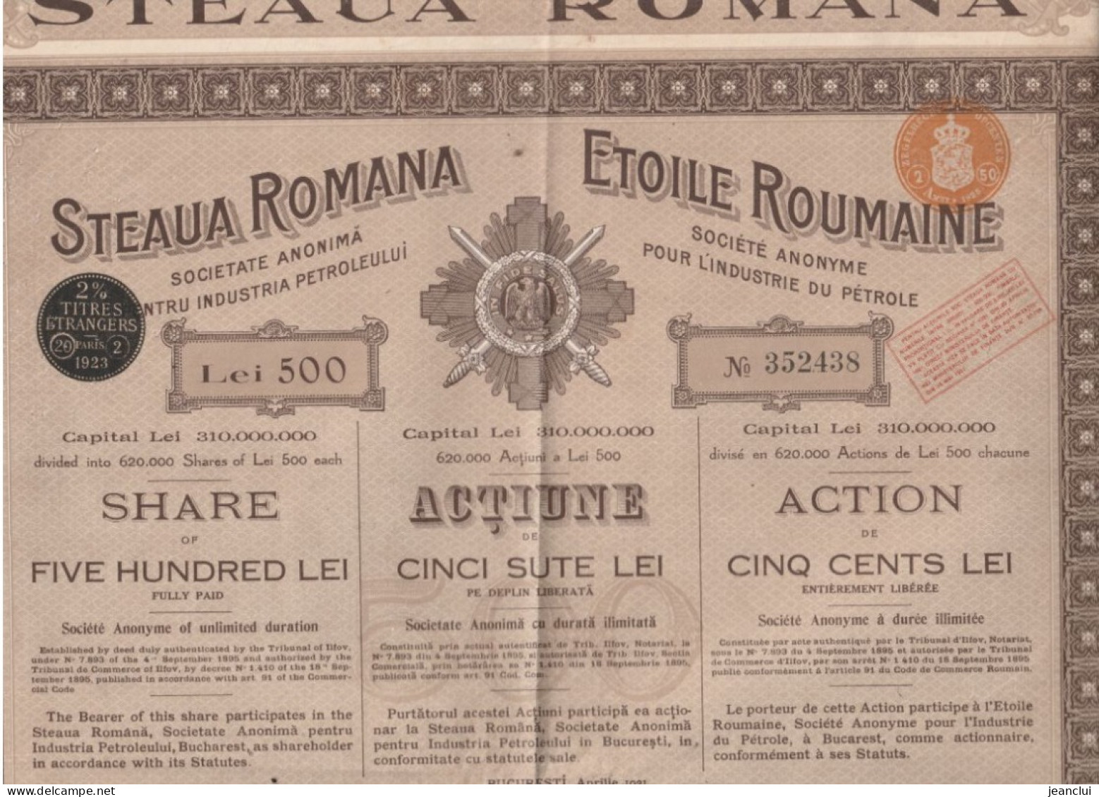 ETOILE ROUMAINE S.A. Pour L'industrie Du PETROLE  .  500 LEI  .  RESTE 2 COUPONS  .  N°  352.438 - Petrolio