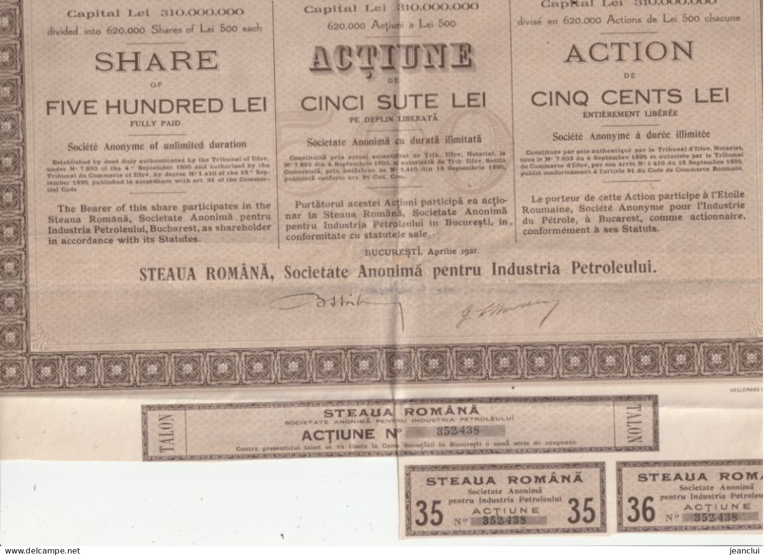 ETOILE ROUMAINE S.A. Pour L'industrie Du PETROLE  .  500 LEI  .  RESTE 2 COUPONS  .  N°  352.438 - Oil