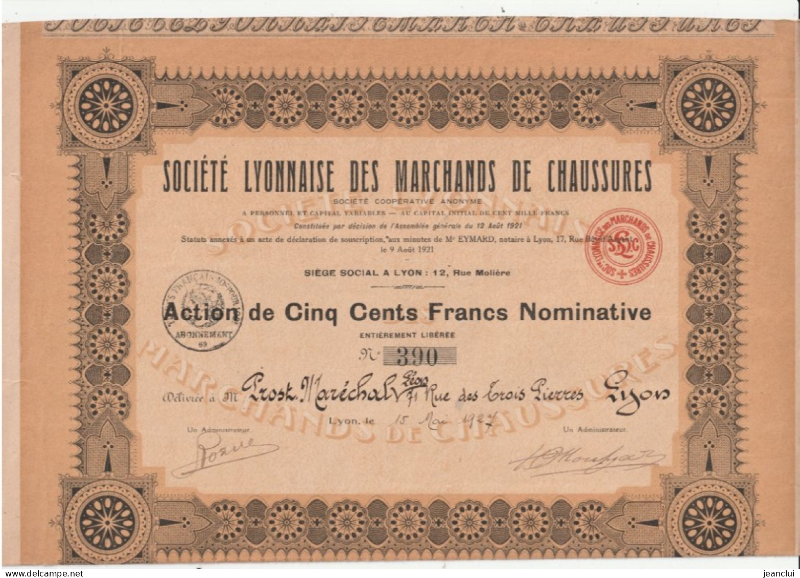 SOCIETE LYONNAISE DES MARCHANDS DE CHAUSSURES  .  ACTION DE 500 FRANCS NOMINATIVE  .  N°  390 - Autres & Non Classés