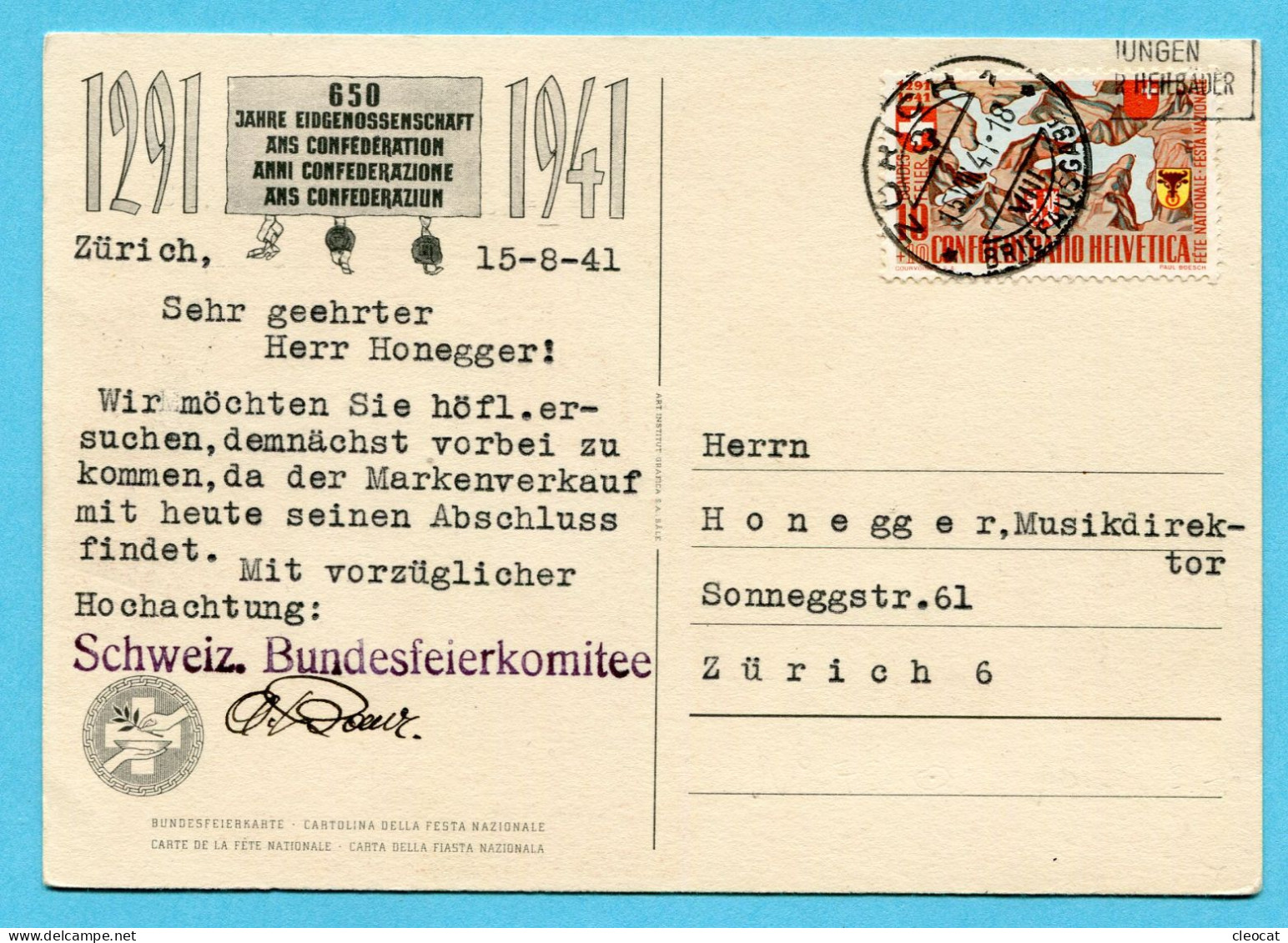 Bundesfeierkarte Nr. 72 - Eidgenosse Gestempelt Zürich 15.VIII.41 - Absender: Schweiz. Bundesfeierkomitee - Covers & Documents