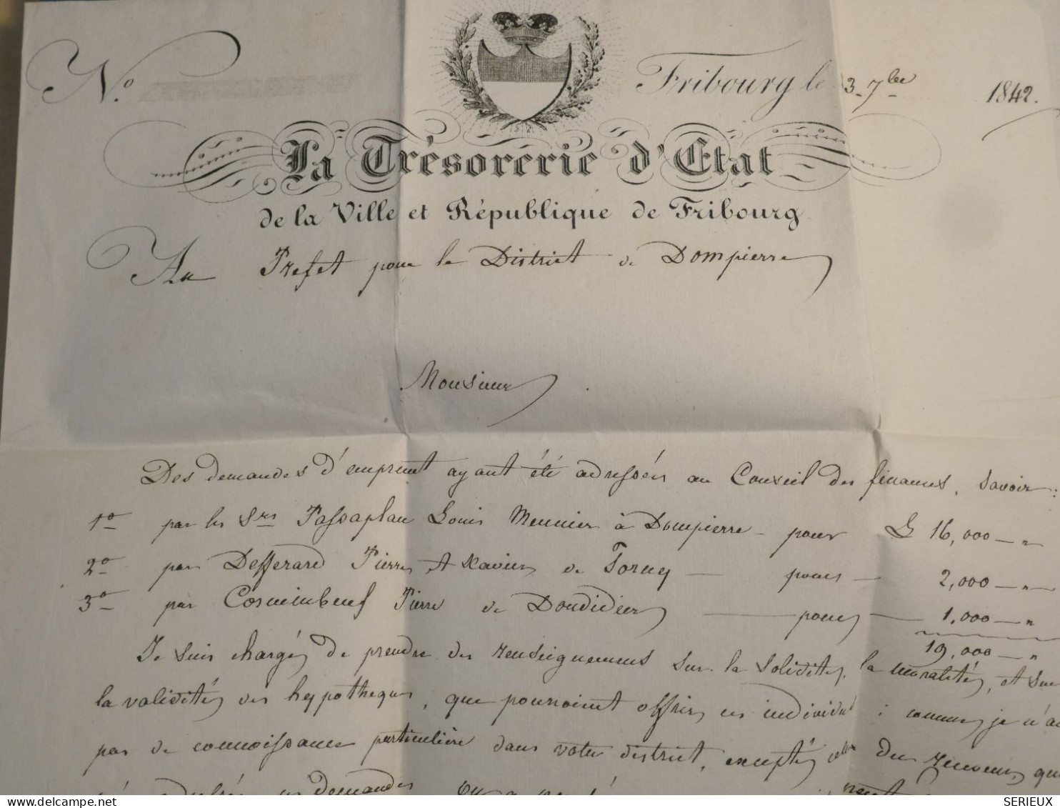 DL3 SUISSE  BELLE LETTRE RRR TRESORERIE D ETAT 1842 FRIBOURG  A DOMPIERRE ++AFF. INTERESSANT++ - ...-1845 Préphilatélie