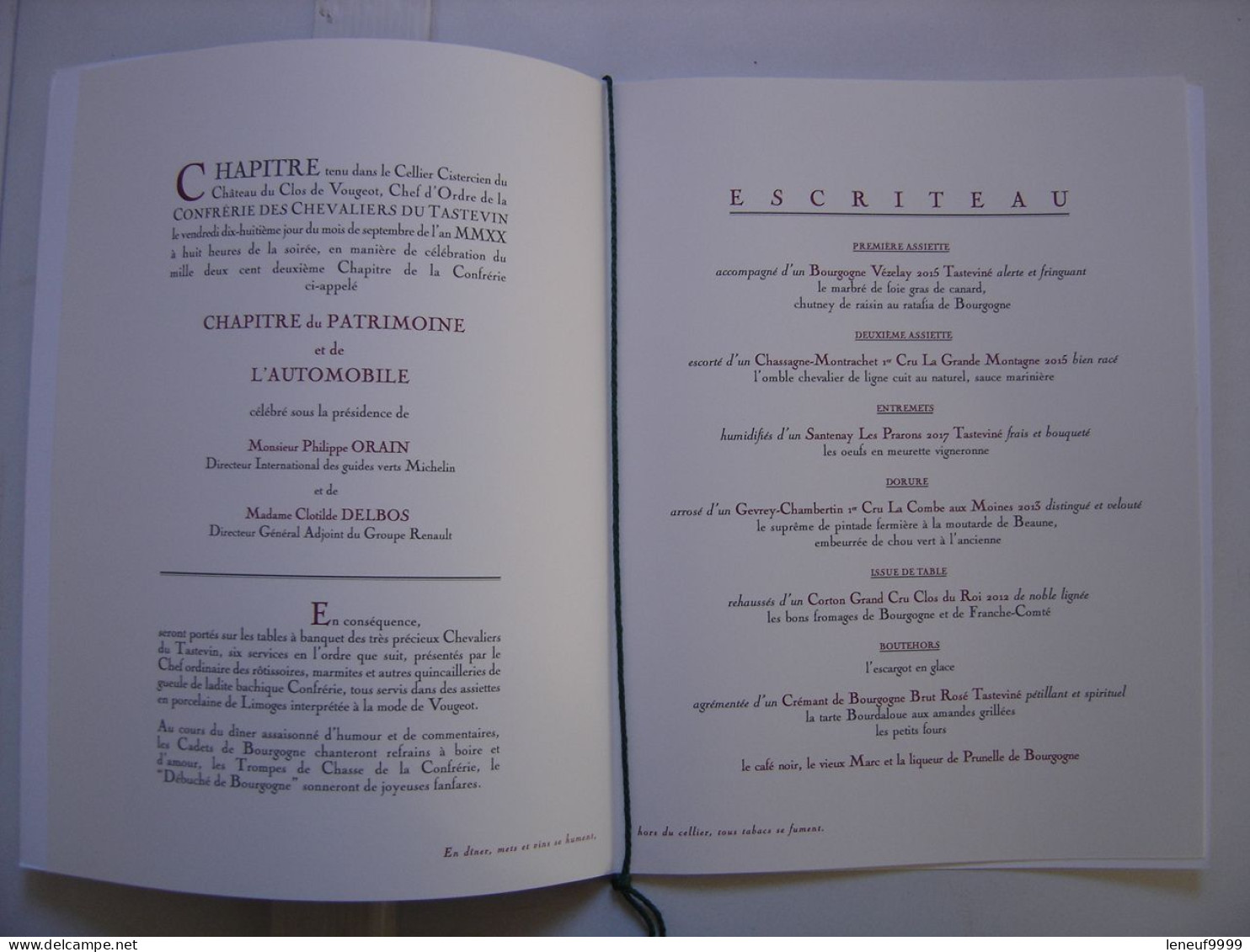 Menu CLOS DE VOUGEOT 2020 Chevaliers Tastevin P ORAIN C DELBOS Automobile - Menus