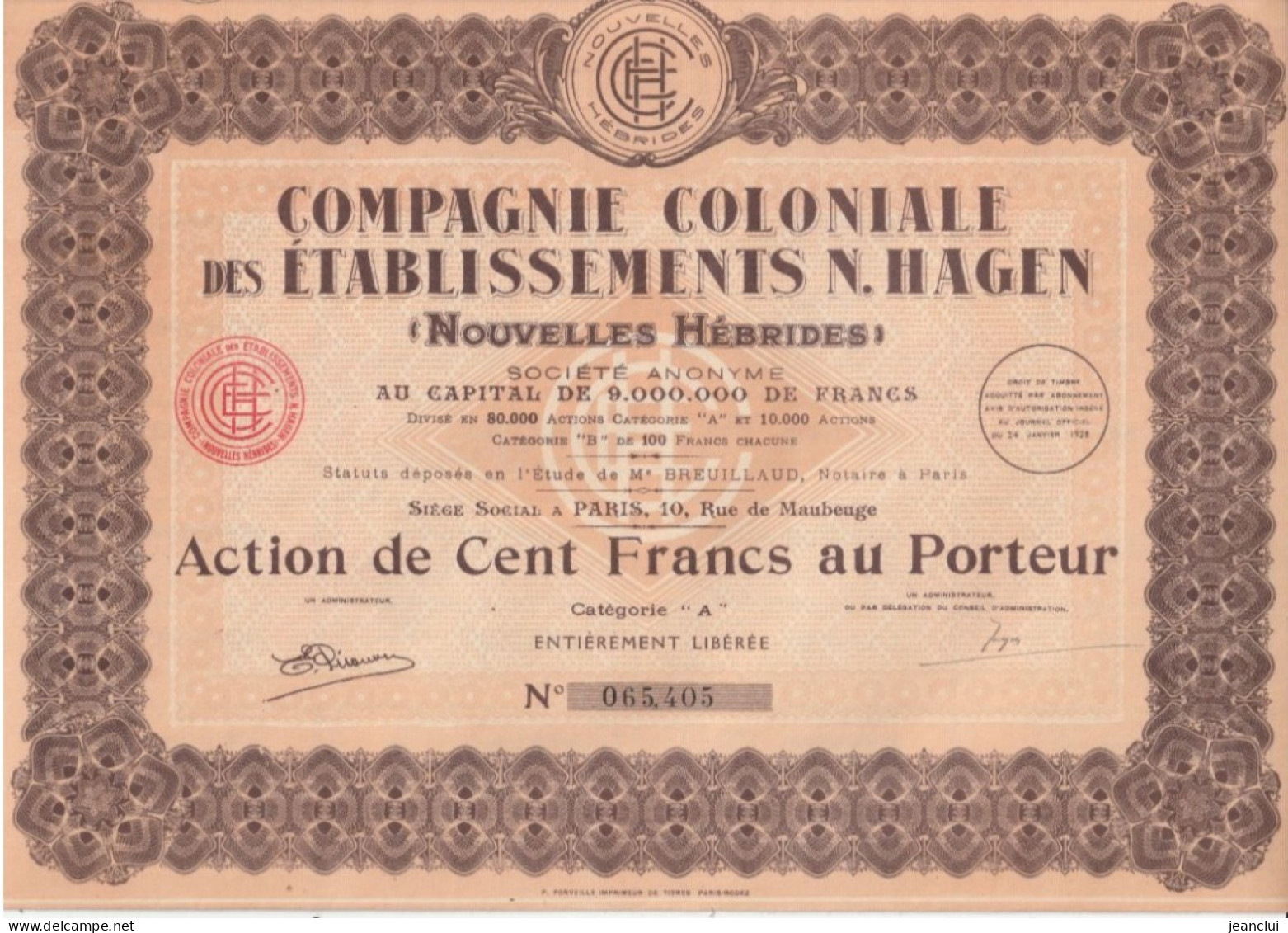 COMPAGNIE COLONIALE Des ETABLISSEMENTS N. HAGEN - NOUVELLES HEBRIDES N° 065.405  - COMPLETE AVEC SES 32 COUPONS - Autres & Non Classés