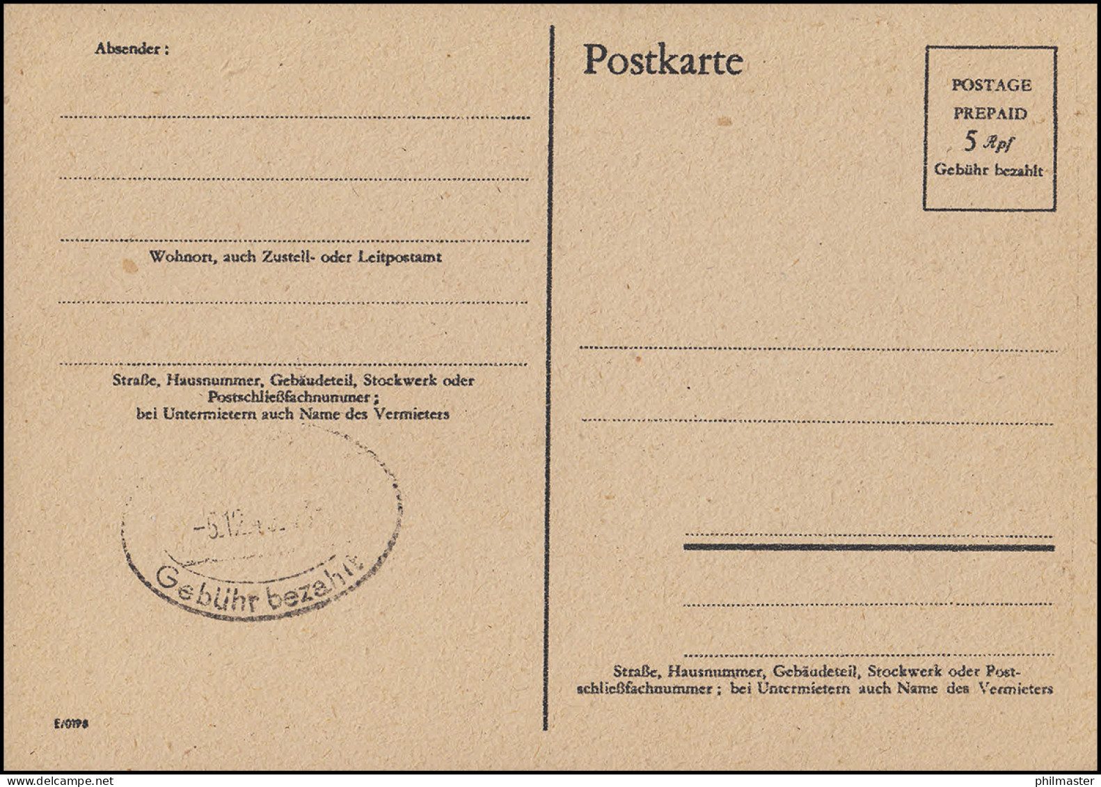 Behelfsausgabe Postkarte P 705, Gebühr-bezahlt-Stempel 5.12.45, Ungebraucht - Neufs