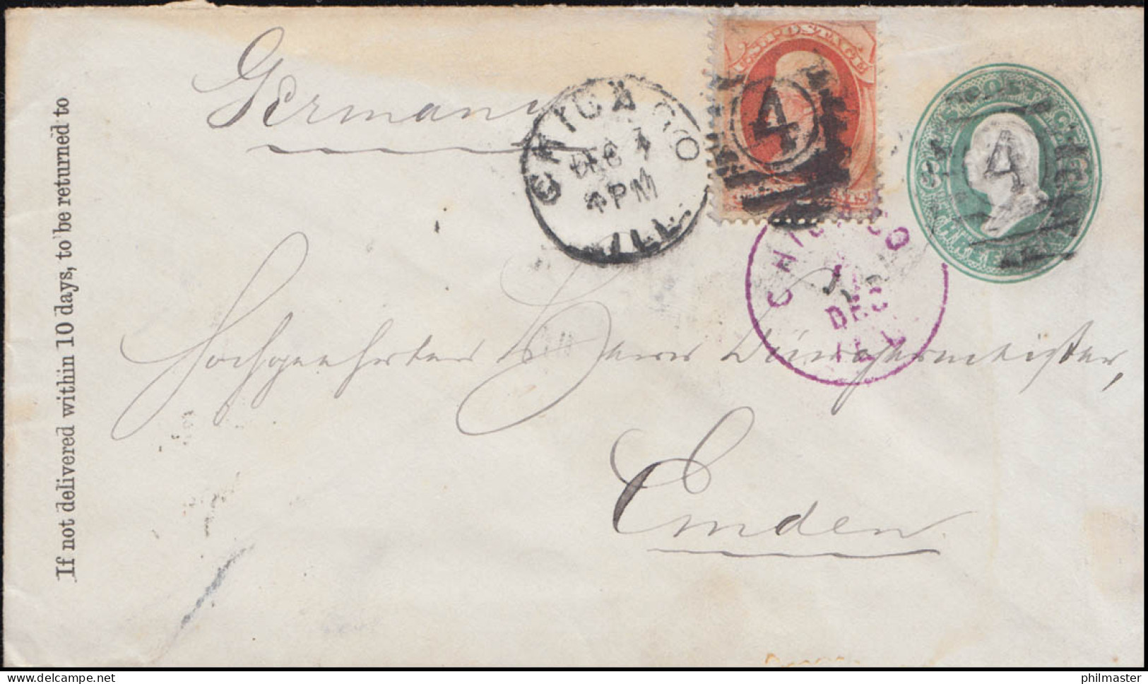 USA Umschlag 3 C. Grün Mit Zsastzfranka. 43, CHICAGO 7.12.1880 Nach EMDEN 24.12. - Food