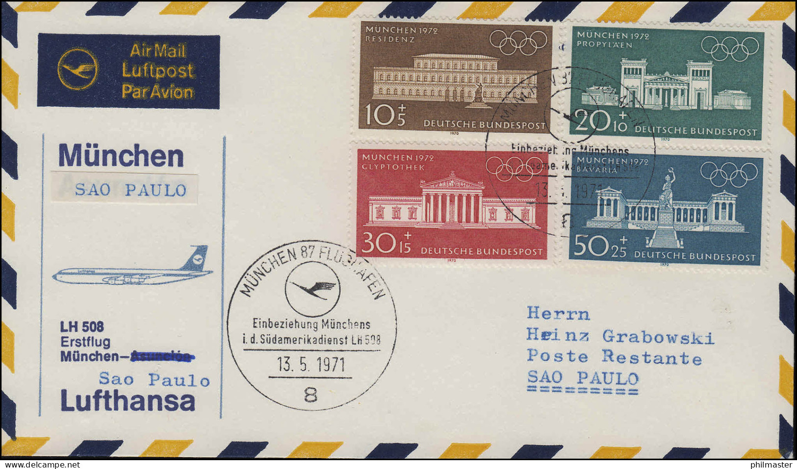 Erstflug Luftpost Lufthansa LH 508 München/ Sao Paulo 13.5./14.5.1971 - Premiers Vols