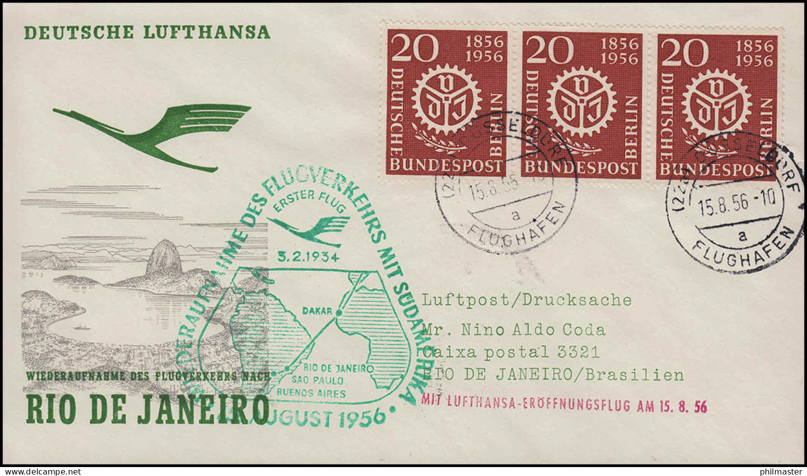 Luftpost Lufthansa Eröffnungsflug Düsseldorf / Rio De Janeiro 15. + 17.8.1956 - Primi Voli