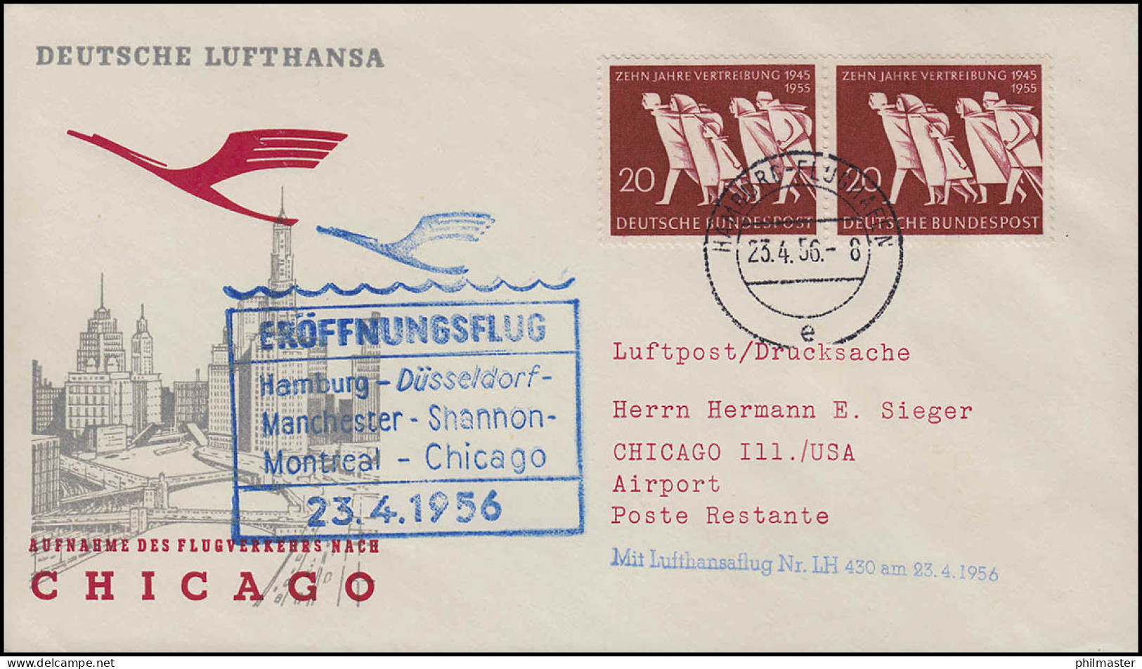 Luftpost Lufthansa Eröffnungsflug Hamburg / Chicago 23./ 24.4.1956 - First Flight Covers