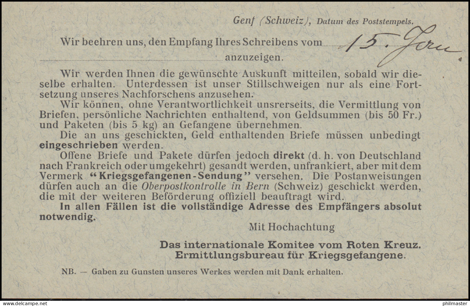 Kriegsgefangenpost Internationales Rotes Kreuz GENF 19.1.1915 Nach Schömberg - Feldpost (postage Free)