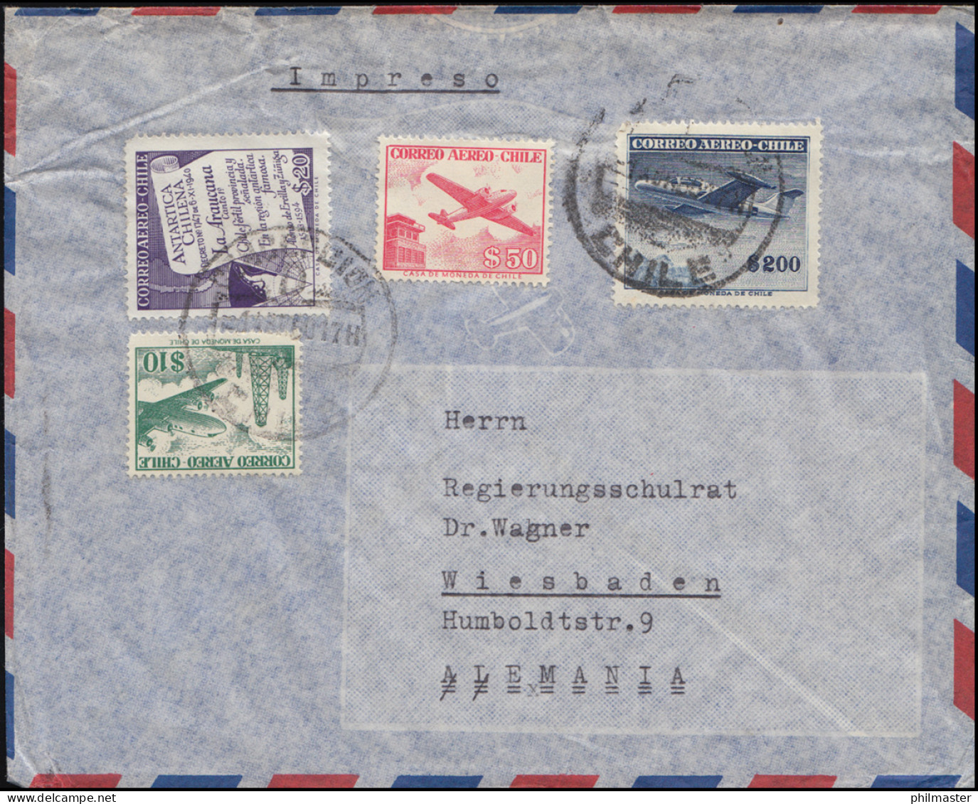 Chile Auslandsbrief CONCEPTION 1950 Flugpostmarken / Flugzeuge Nach Wiesbaden - Chile