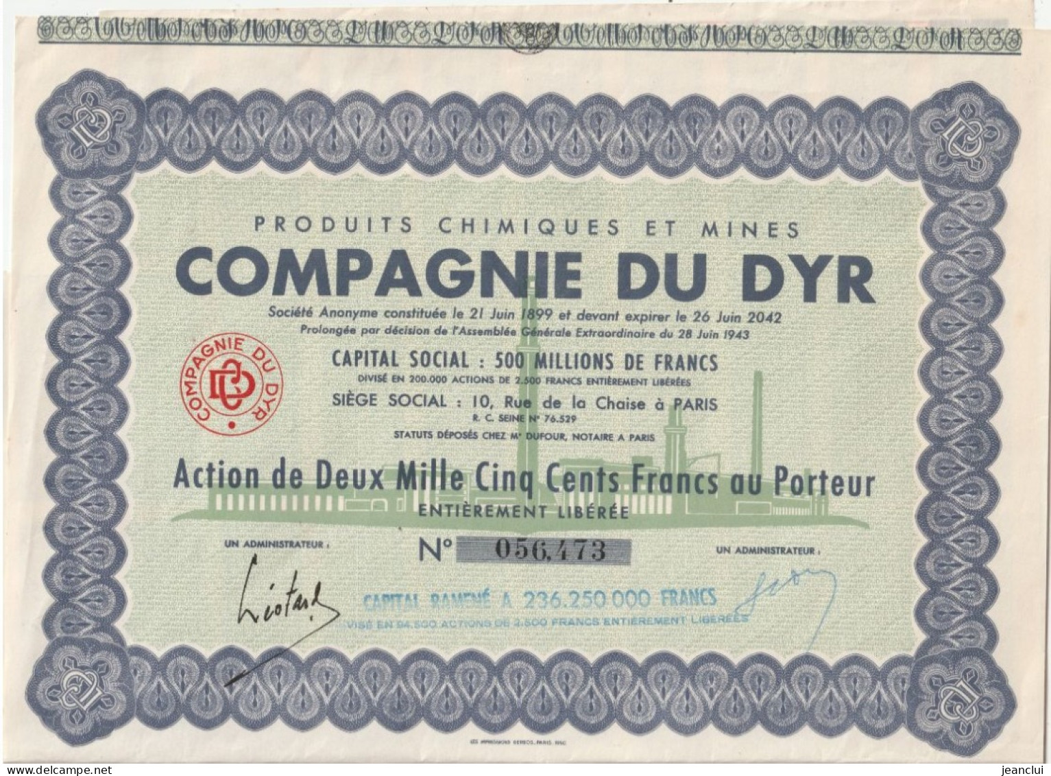 PRODUITS CHIMIQUES ET MINES COMPAGNIE DU DYR ( TUNISIE ) ACTION DE 2.500 FRS AU PORTEUR N° 056.473 - Industrie