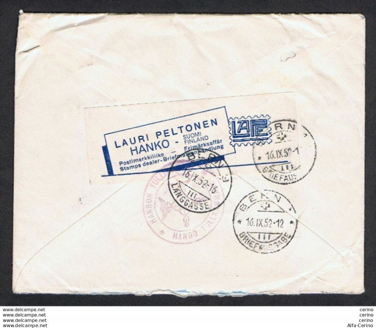FINLAND: 1952 REGISTERED MAIL FROM HANGOBY WITH:  10 M. BLACK 4 COUPLES (323x8) - TO SWITZERLAND - Briefe U. Dokumente