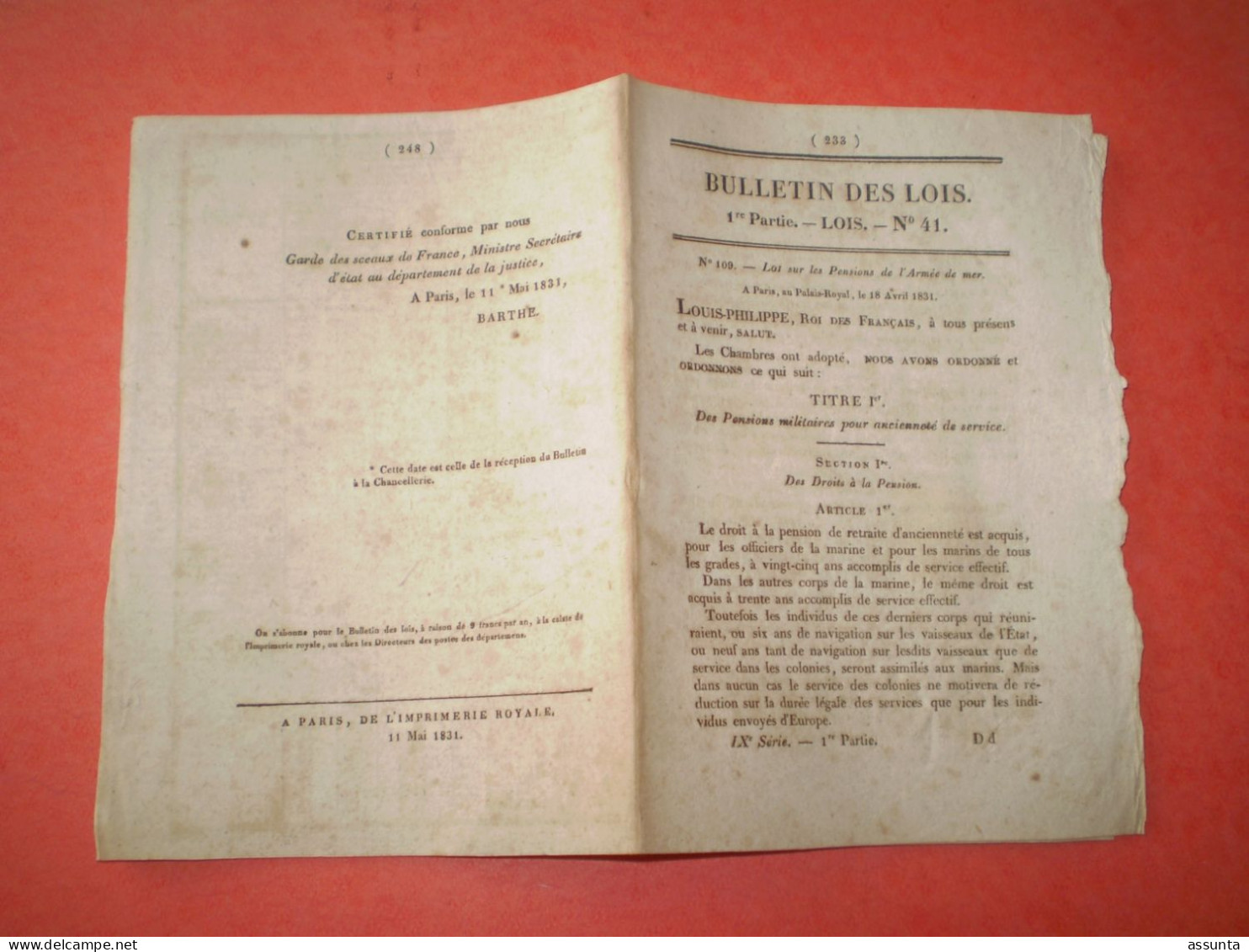 Lois 1831 Sur Les Pensions De L'Armée De Mer: Tableaux Des Montants Fonction Des Grades, Mini Maxi, Blessures, Infirmes - Decreti & Leggi