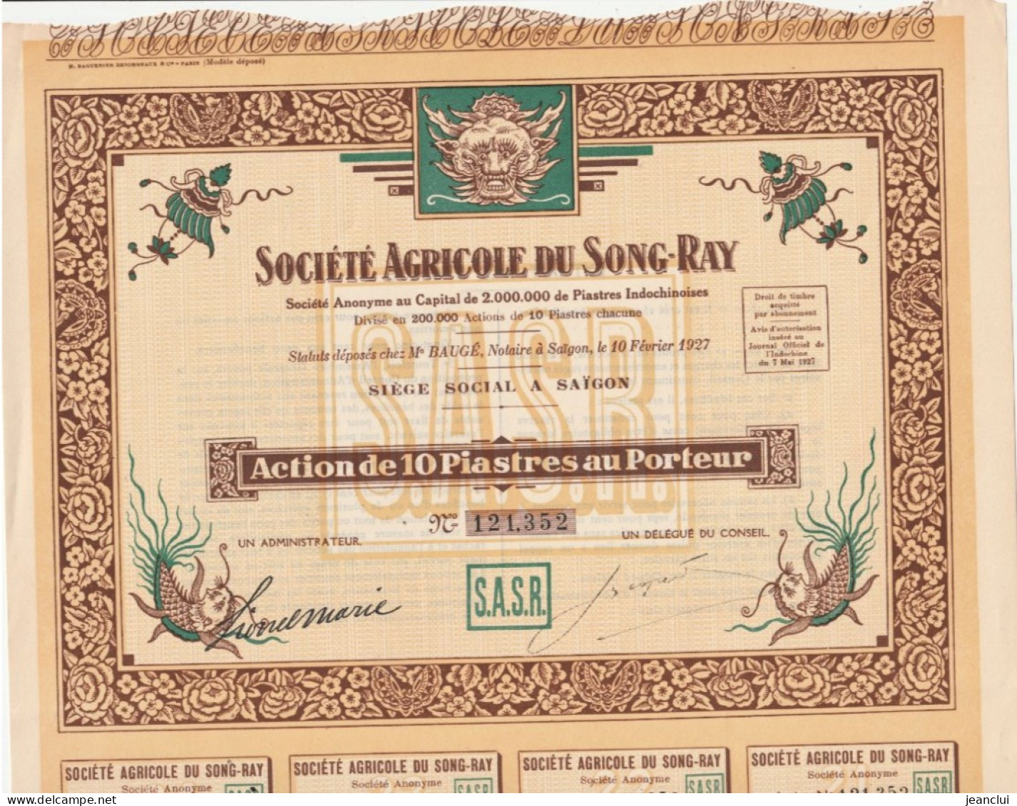 SOCIETE AGRICOLE DU SONG-RAY . Siege Social A SAÏGON ACTION DE 10 PIASTRES - COMPLETE AVEC SES 24 COUPONS  . N°  121.352 - Asien